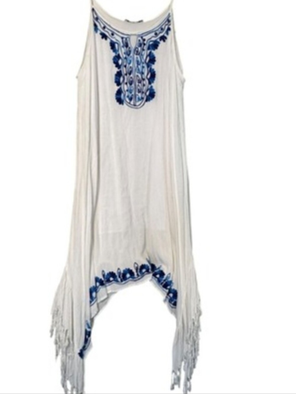 Lapogee White Blue Embroidered Fringe Sharkbite Hem Dress Plus Sz 3X Boho Beach